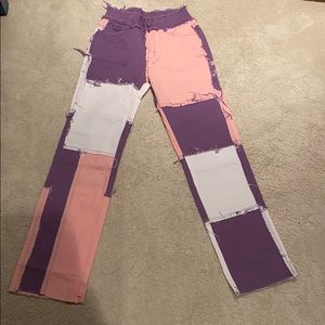 White, pink and purple patchwork mom jeans